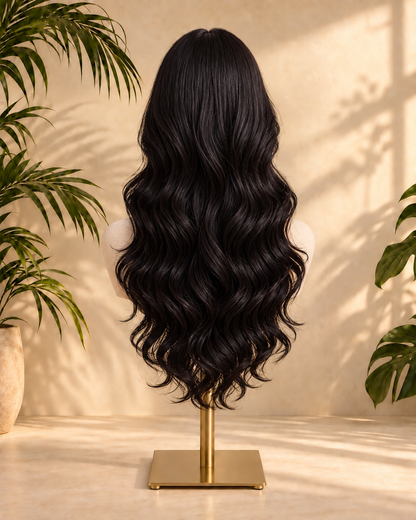Aurora Front Lace Glueless Natural Black Layered Wavy 100% Human Hair Wig