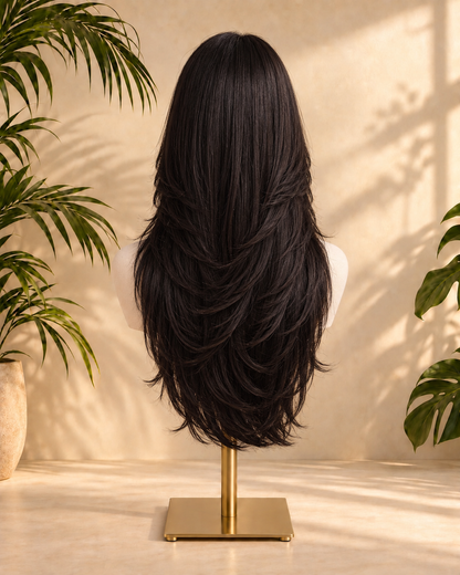 Aurora Front Lace Layered Loose Waves Natural Black 100% Human Hair Wig