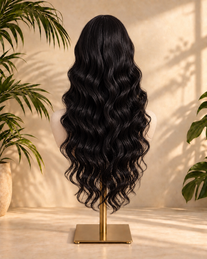 Aurora Front Lace Glueless Water Wavy Natural Black 100% Human Hair Wig