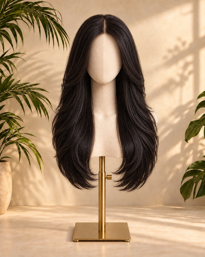 Aurora Front Lace Layered Loose Waves Natural Black 100% Human Hair Wig