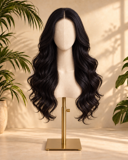 Aurora Front Lace Glueless Natural Black Layered Wavy 100% Human Hair Wig