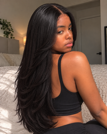Aurora Front Lace Glueless Feathered Straight Natural Black 100% Human Hair Wig