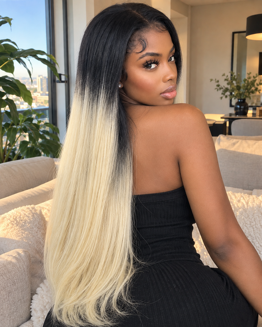 Aurora Front Lace Glueless Black Blonde Straight Ombre 100% Human Hair Wig