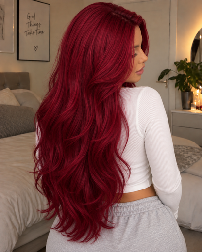 Aurora Front Lace Glueless Layered Wavy Burgundy 100% Human Hair Wig