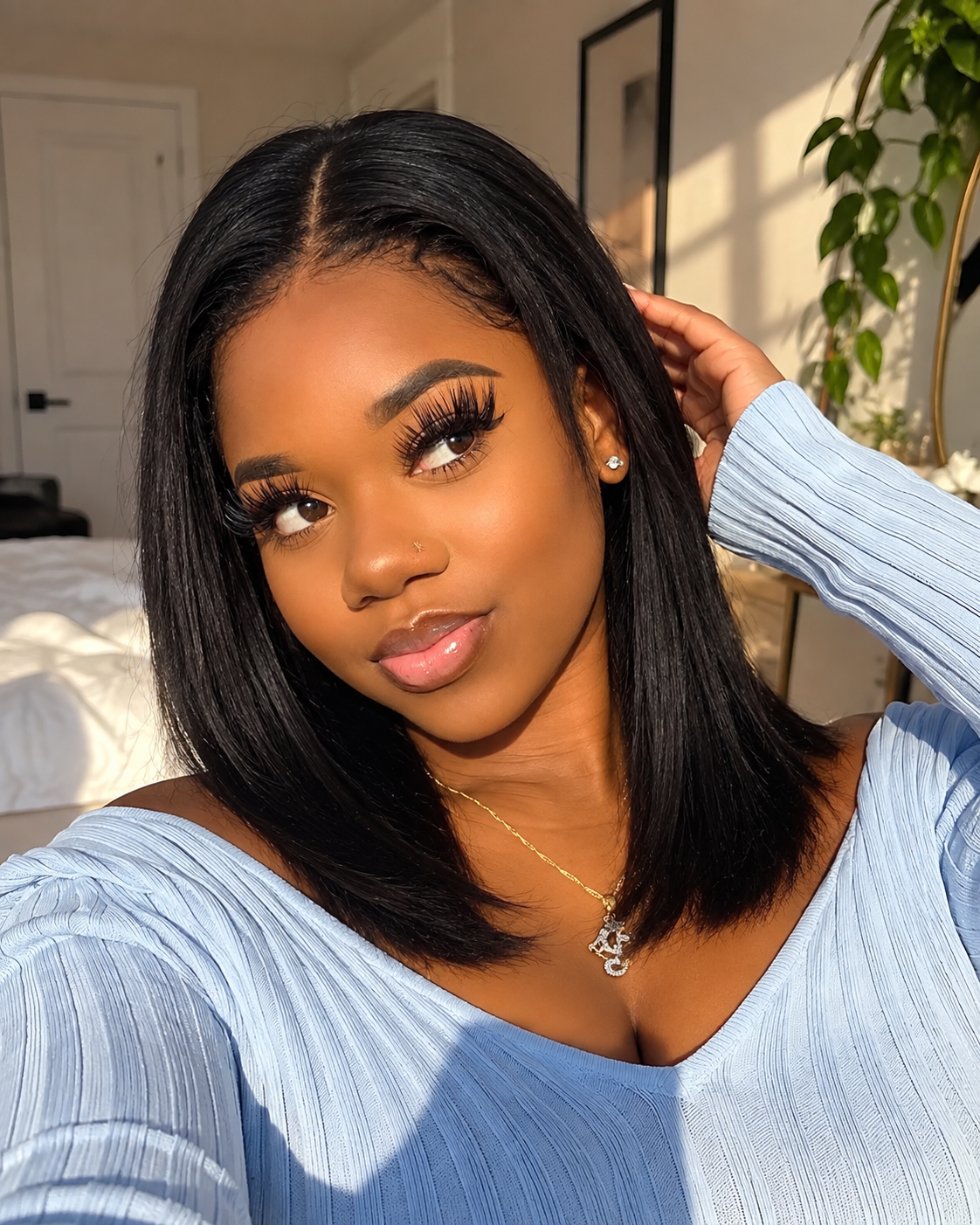 Aurora Front Lace Glueless Straight Medium Natural Black 100% Human Hair Wig