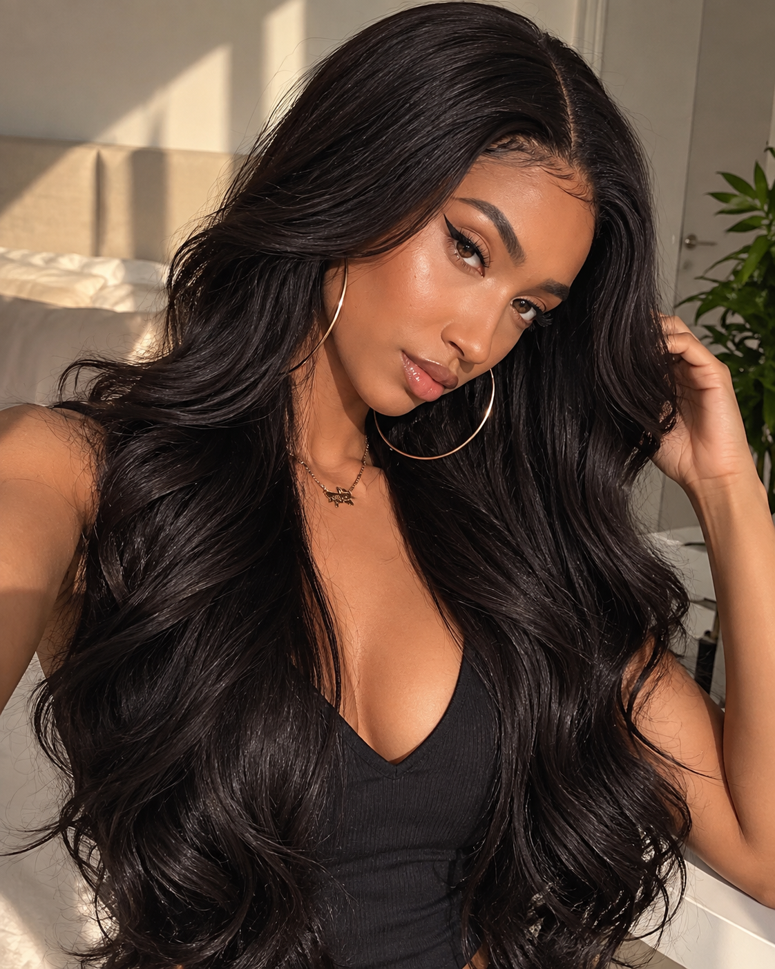 Aurora HD Lace Glueless Layered Wavy Natural Black 100% Human Hair Wig