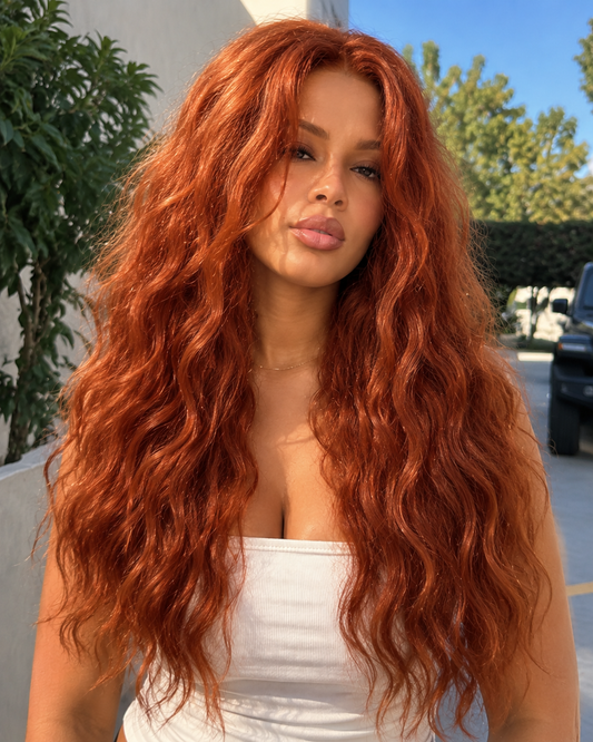 Aurora Front Lace Glueless Long Wavy Copper Res 100% Human Hair Wig