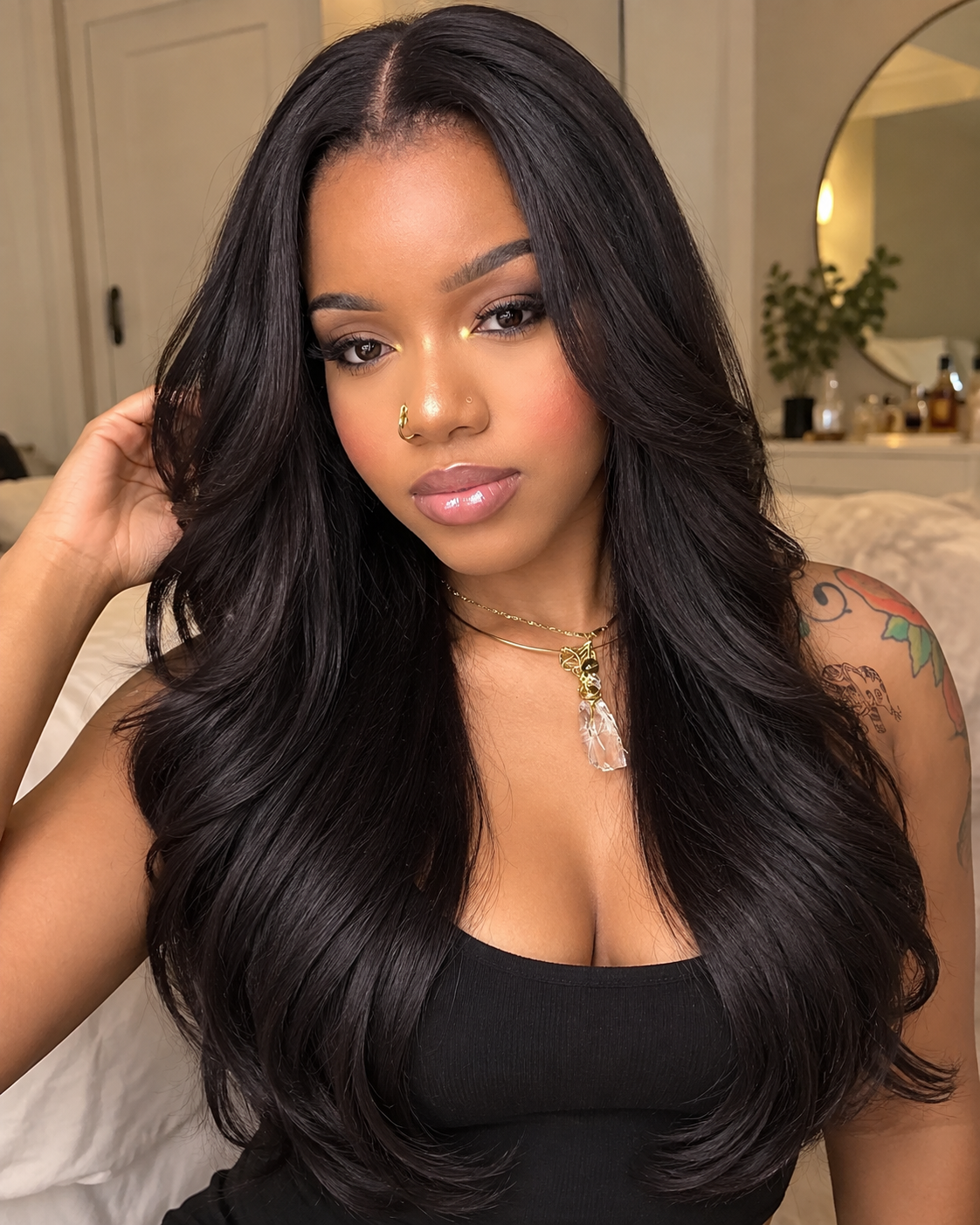 Aurora HD Lace Glueless Layered Middle Part Natural Black 100% Human Hair Wig
