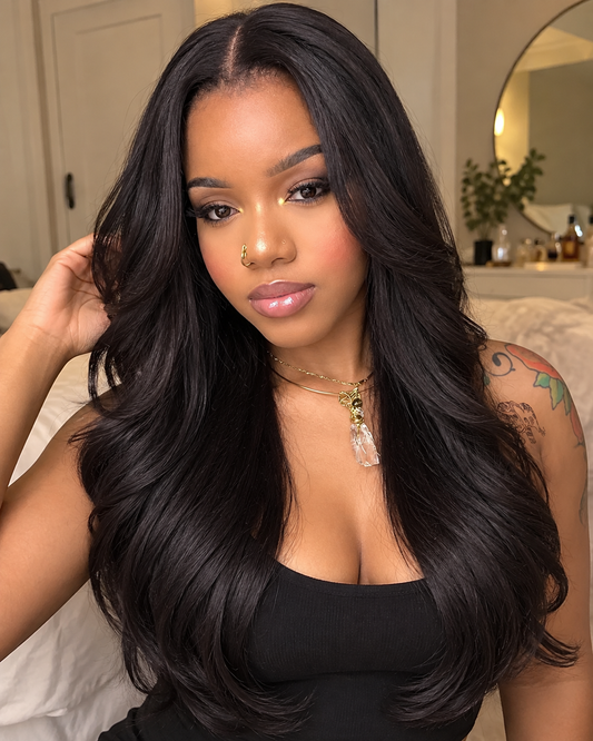Aurora HD Lace Glueless Layered Middle Part Natural Black 100% Human Hair Wig