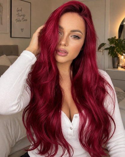 Aurora Front Lace Glueless Layered Wavy Burgundy 100% Human Hair Wig