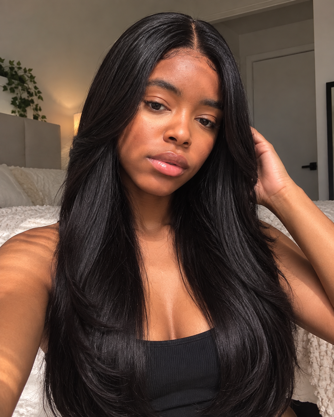 Aurora Front Lace Glueless Feathered Straight Natural Black 100% Human Hair Wig
