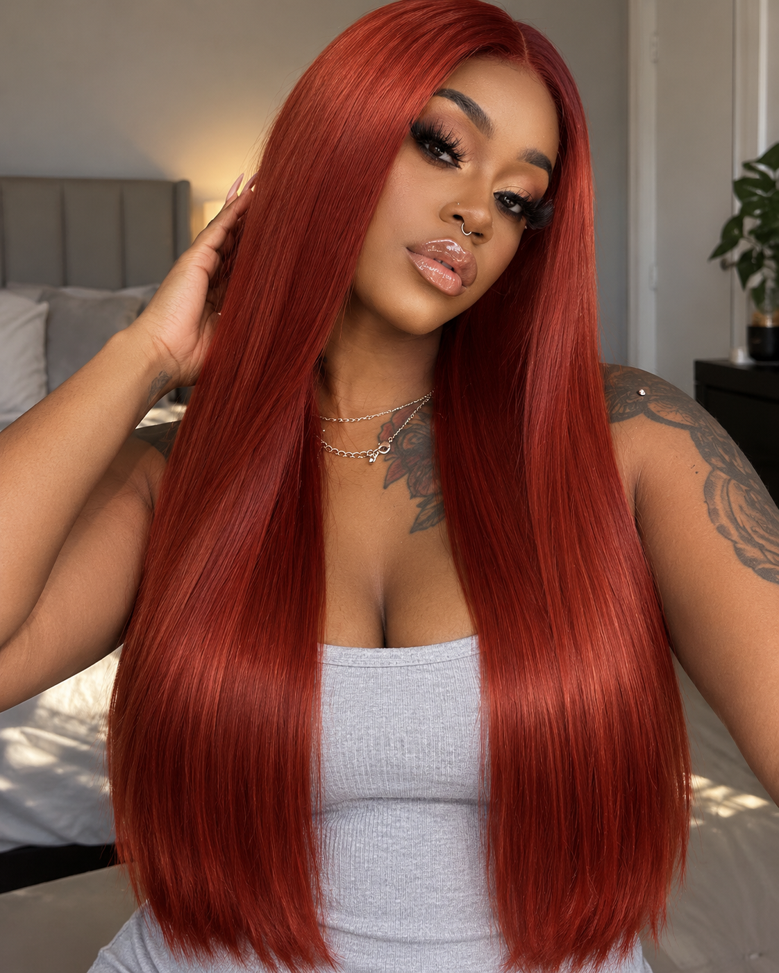 Aurora Front Lace Glueless Sleek Straight Red 100% Human Hair Wig