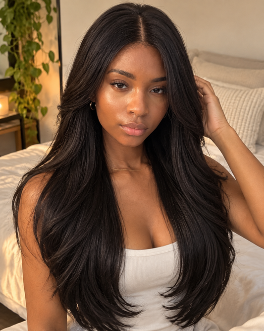 Aurora Front Lace Layered Loose Waves Natural Black 100% Human Hair Wig