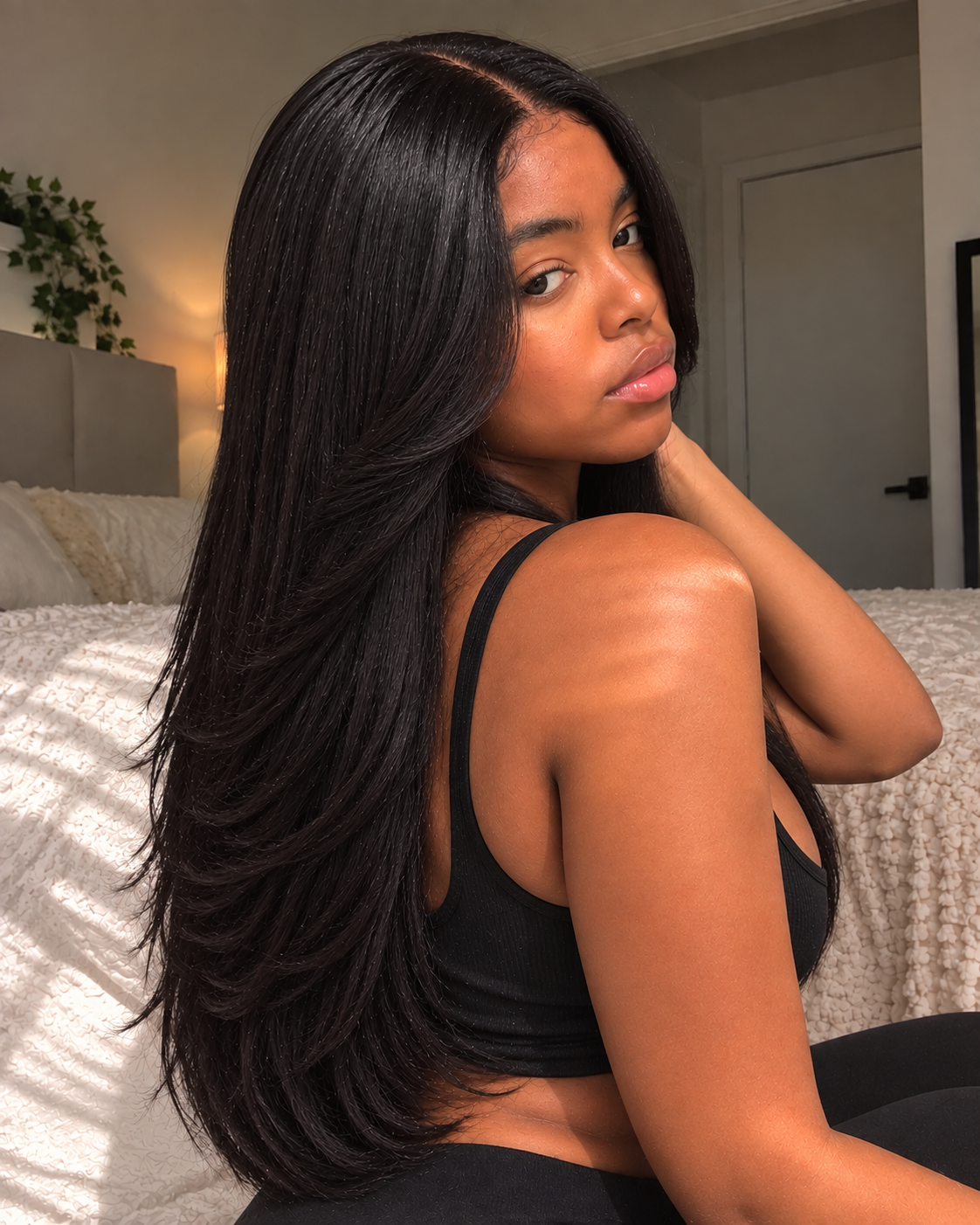 Aurora Front Lace Glueless Feathered Straight Natural Black 100% Human Hair Wig