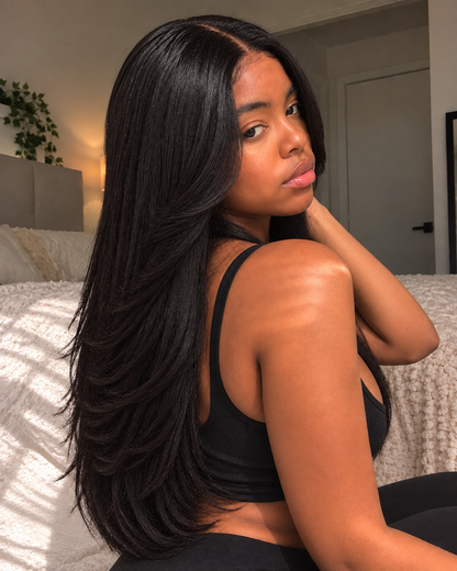 Aurora Front Lace Glueless Feathered Straight Natural Black 100% Human Hair Wig