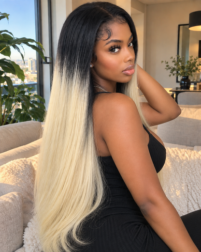 Aurora Front Lace Glueless Black Blonde Straight Ombre 100% Human Hair Wig