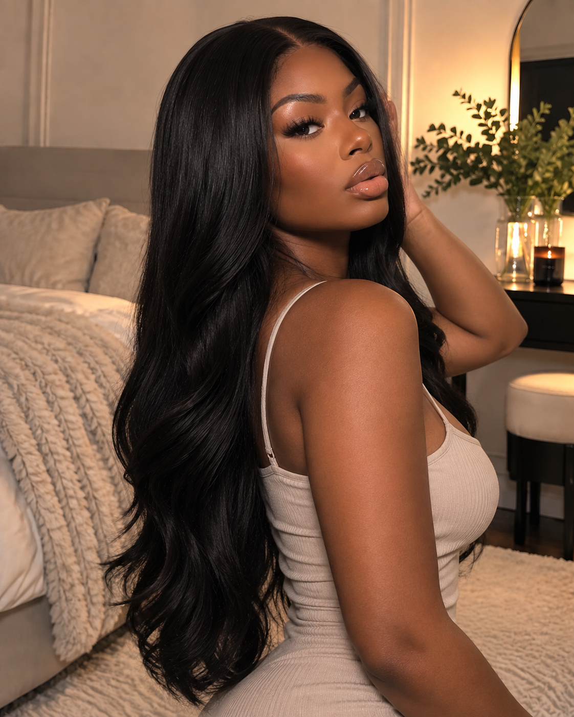 Aurora Front Lace Glueless Soft Loose Waves Natural Black 100% Human Hair Wig