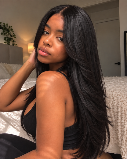 Aurora Front Lace Glueless Feathered Straight Natural Black 100% Human Hair Wig