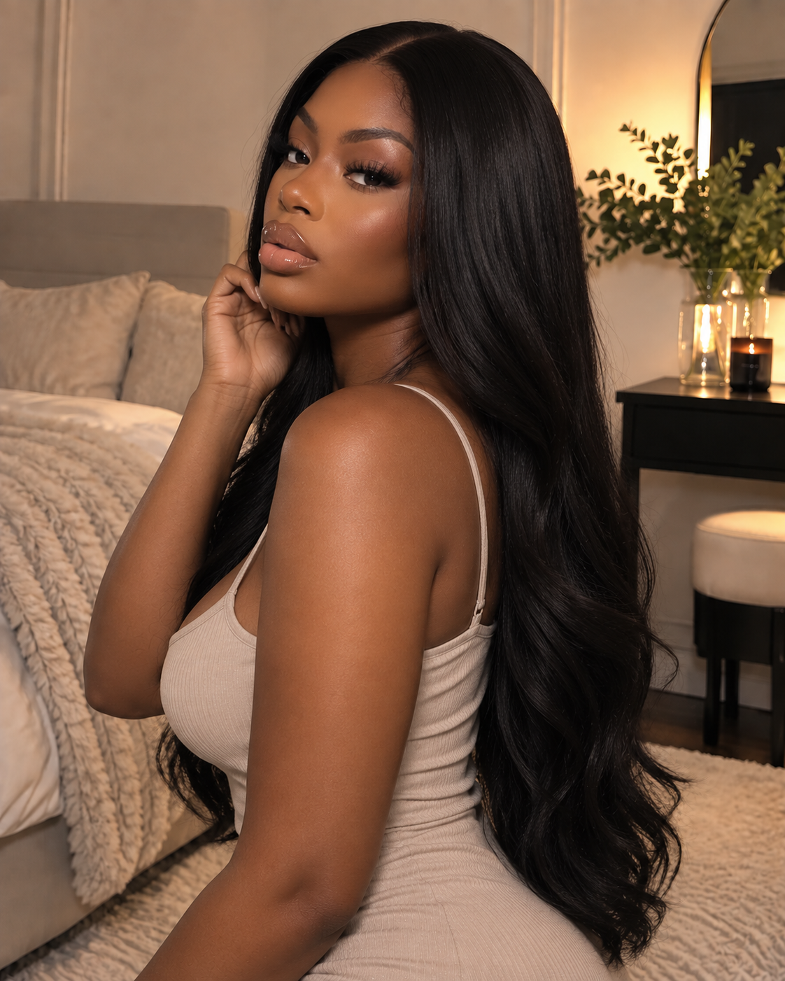 Aurora Front Lace Glueless Soft Loose Waves Natural Black 100% Human Hair Wig