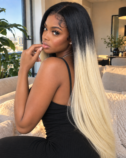 Aurora Front Lace Glueless Black Blonde Straight Ombre 100% Human Hair Wig
